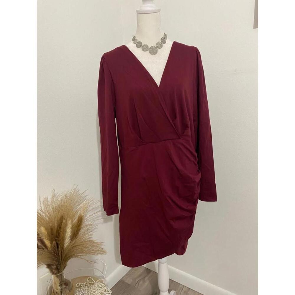 Elegant Burgundy Ruched Dress w Long Sleeves-XL-New (0021)